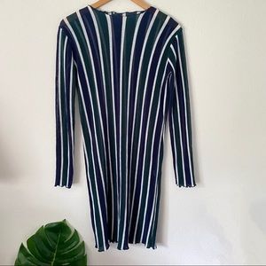 Zara Trafaluc Long Sleeve Pleated Stripe Midi Dress Size Small Navy Bodycon